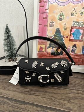 NWT Coach Crystal Embellished Black Leather Tabby Shoulder Bag Silver CCD99